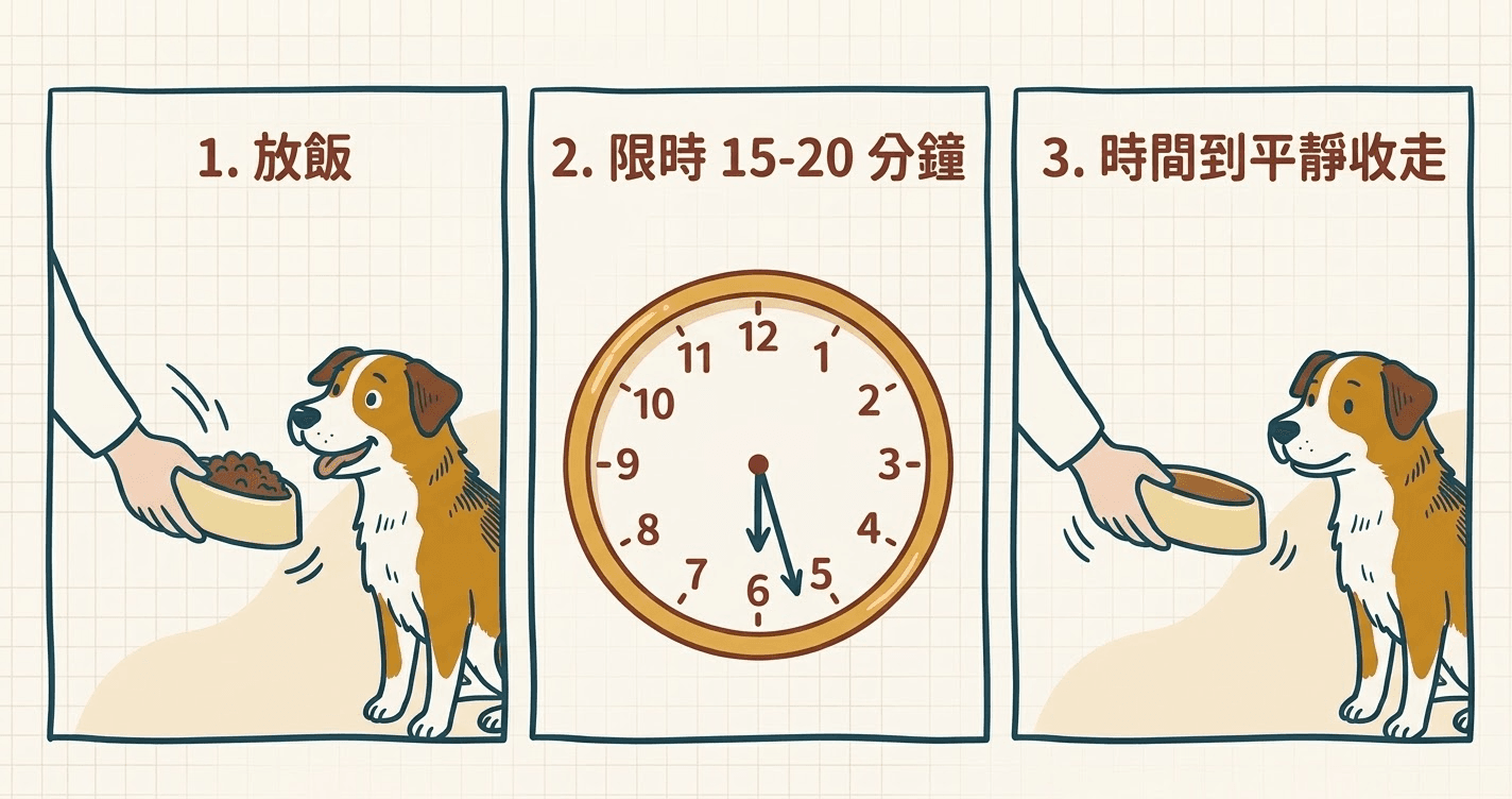 收碗法三步驟：放飯、限時 15-20 分鐘、時間到平靜收走