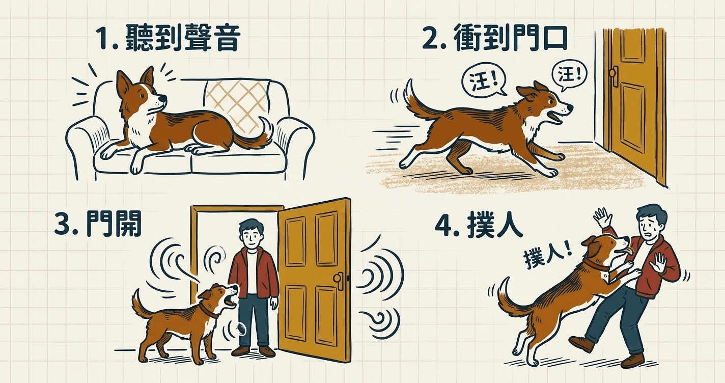 門鈴吠叫的四段連鎖:聽到聲音、衝到門口、門開、撲人/吠叫